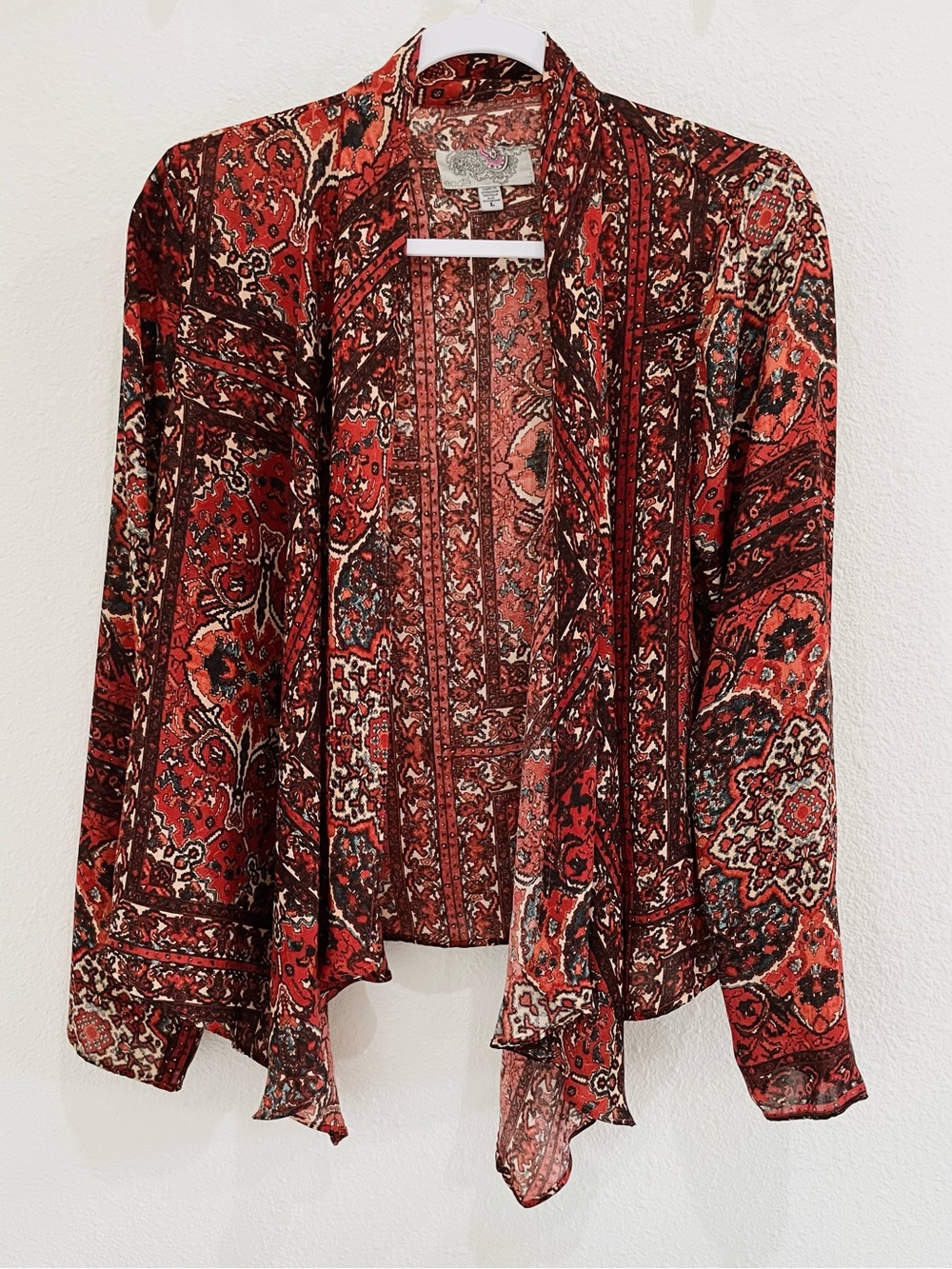 Anthropologie Red Paisley Draped Open-Front Cardigan
